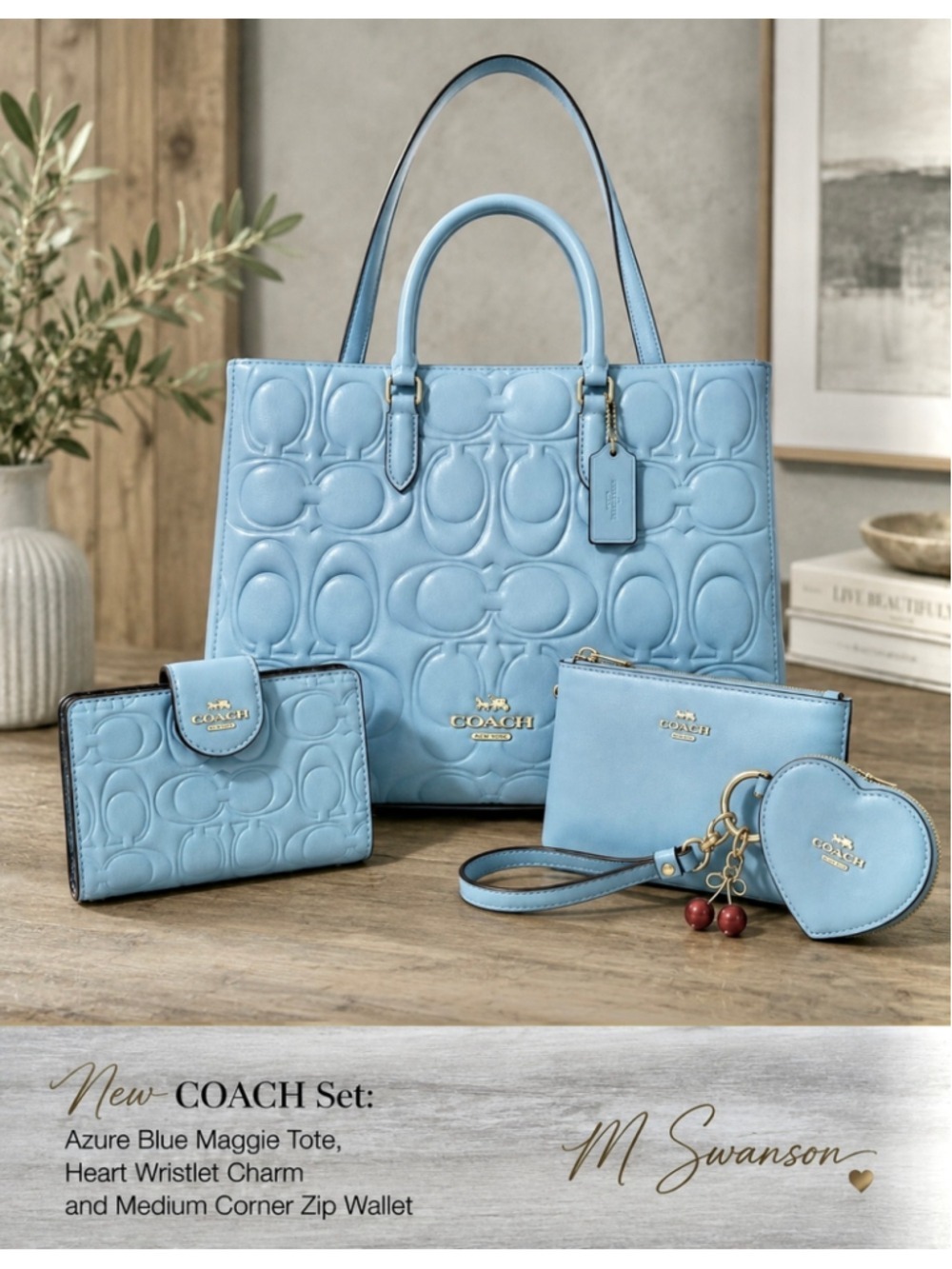 NEW Coach Maggie Tote Bag Azure Blue Signature Leather + wallet + wristlet NWT